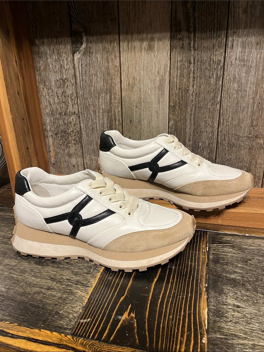 Veronica Beard Cream, Black & Tan Retro Trainer Sneakers